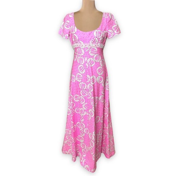 Vintage 60s 70s Harmay Maxi Formal Dress Pink White Geometric Print Size Small - Picture 3 of 17